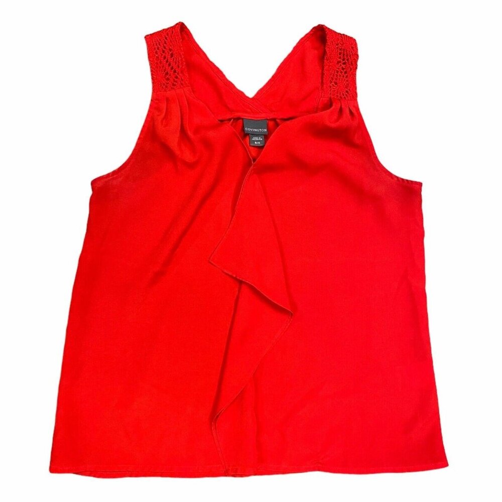 Covington S Red Sleeveless Blouse Vneck Crochet Strap Waterfall Front Workwear